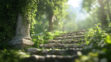  A stone path, bordered by lush green vegetation, leads to a central stone pillar