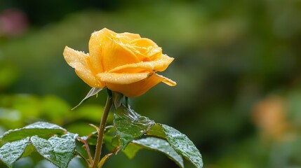 petals speckled with water droplets, verdant leaves in the backdrop