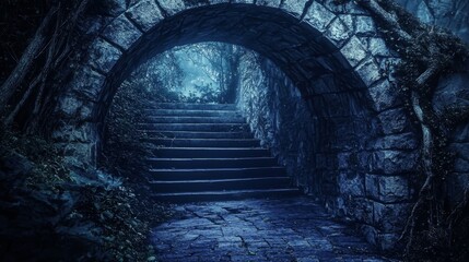 Naklejka premium A staircase embedded in a moss-covered stone tunnel entrance