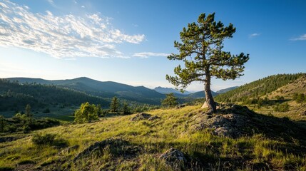 Obraz premium A solitary tree atop a verdant hillside, beneath a blue sky dotted with wispy white clouds