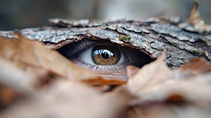  A tight shot of a tree trunk featuring a human eye embedded in its texture, surrounded by scattered autumn leaves on the forest floor