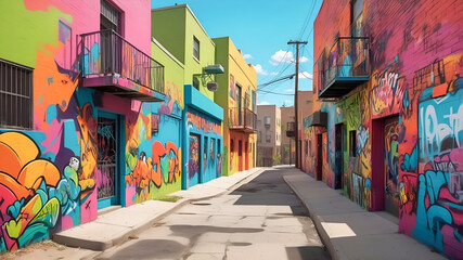 Naklejka premium Pop Art inspired urban scene that integrates empty Hispanic street art and graffiti. Vibrant colors and comic-style techniques