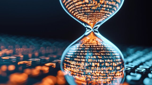 A large hourglass with glowing digital numbers inside, representing the countdown toward a project deadline in a tech-driven world