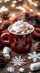 Fototapeta premium A steaming mug of hot chocolate with whipped cream and marshmallows rests on a wooden table adorned with snowflakes and a woolen scarf