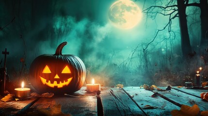 Naklejka premium Halloween background with a scary graveyard spooky forest postcard