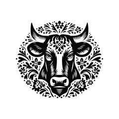 Obraz premium Cow in folk art black and white silhouette illustration