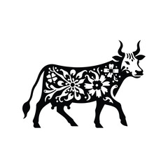 Fototapeta premium Cow in folk art black and white silhouette illustration