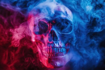 Skull made of smoke colorful with red and blue colors cinematic lighting
