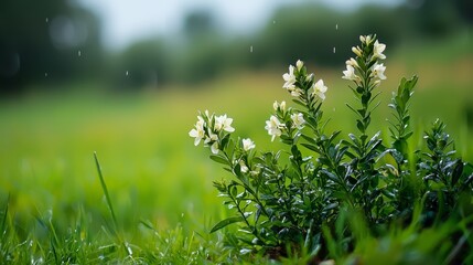  A tight shot of a plant in a sea of grass, adorned with dew drops Background includes trees and distant trees bearing leaves and trees with water beads
