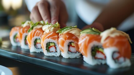 Close-up of Sushi Rolls with Salmon, Avocado, and Cream Cheese on a Black Plate, Sushi, Food, Japanese Cuisine
