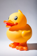 Rubber, duck and toy in studio for bath, playing and children entertainment with fun squeaky sound. Plastic bird, object and white background for kids, pool and water with childhood games or activity