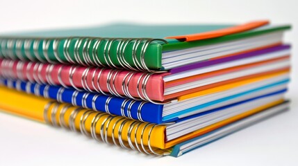 Fototapeta premium Colorful Spiral Bound Notebooks Stacked Close-up, stationery, book, notebook, school