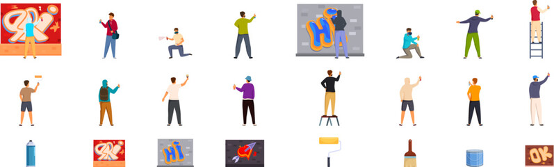 Graffiti painter icons set. Street artists making graffiti on building wall with paint cans and brushes icons set isometric vector illustration