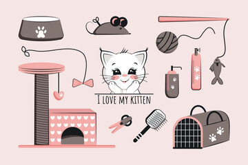 A vector set of products for a kitten. Pet store, veterinary supplies. Vector design