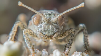  A detailed shot of a bug with numerous tiny water bubbles on its back legs and head
