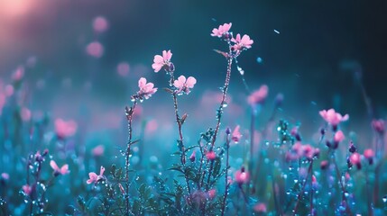  A cluster of pink blooms atop a purplish-blue floral expanse, dotted with dewdrops