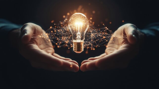 A lightbulb floating between two hands, with a swirling path of symbols and abstract data connecting the hands, showing the transfer of innovative ideas