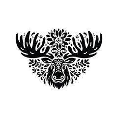 Moose in folk art black and white silhouette illustration