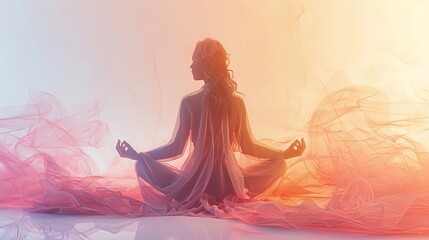 A wireframe figure of a girl in a restorative yoga pose, centered in the image, with bright pastel colors.