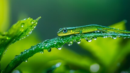  A tight shot of a green lizard perched on a wet leaf against a verdant backdrop, with dewdrops beading its scaled skin