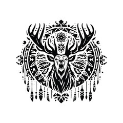 Fototapeta premium Reindeer in bohemian black and white silhouette illustration