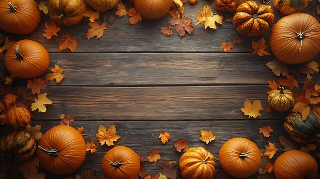 Wooden floor covered with a mix of Halloween pumpkins and autumn-themed decor, with a prominent empty area in the middle for customizable text