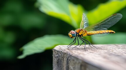 A dragonsfly in focus atop a wooden piece, surrounded by a green leaf background