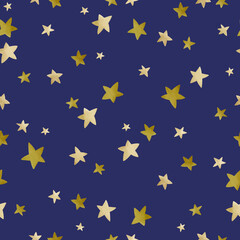 Cute seamless pattern with bright stars on a blue background. Watercolor illustration for printing on wallpaper, fabric, paper