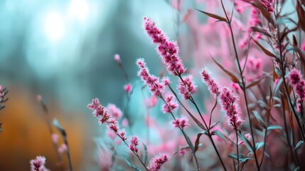  A tight shot of pink blooms in a meadow against blurred tree silhouettes and a blue backdrop