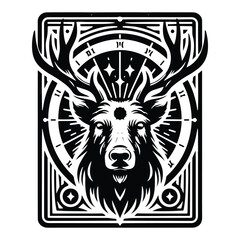 Obraz premium Reindeer in Tarot card black and white silhouette illustration