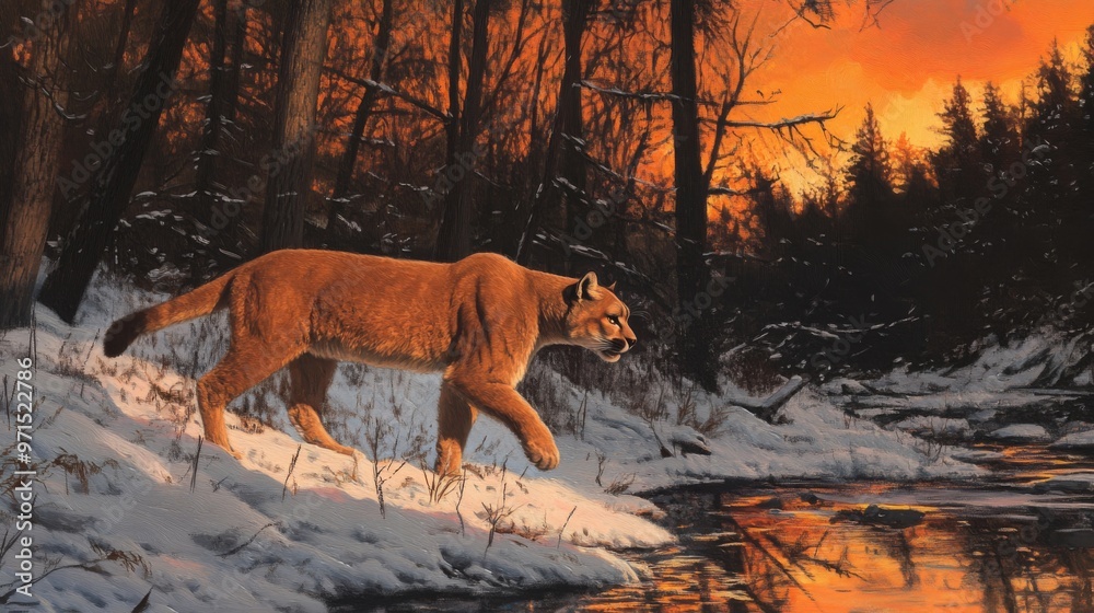 Wall mural A Cougar Stands by a Snowy River at Sunset