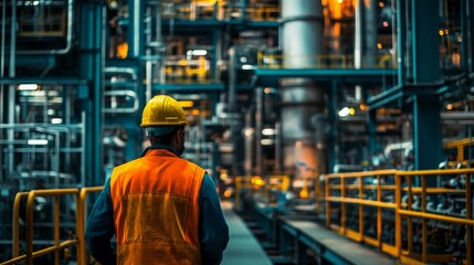 Fototapeta premium Industrial Worker's Back, Yellow Hard Hat, Blue and Orange, Industrial Safety, Factory, Work, Construction