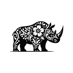 Fototapeta premium Rhinoceros in folk art black and white silhouette illustration