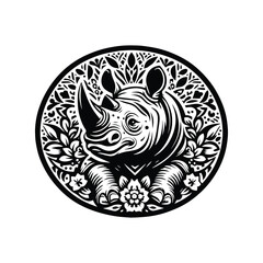 Rhinoceros in folk art black and white silhouette illustration