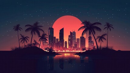 Obraz premium A vibrant sunset over a city skyline with palm trees, reflecting on calm water, creating a serene and tropical atmosphere.