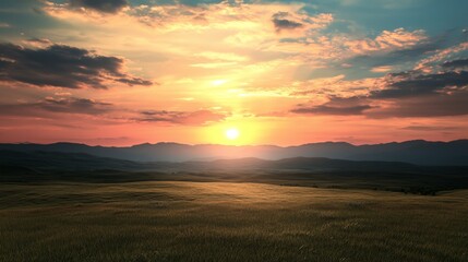 Fototapeta premium horse grazes foreground ..Or, for a more poetic tone:..Sunset graces field