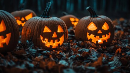 Jack-o'-lantern Faces Glow in the Dark Forest, Halloween , Jack-o-lantern , Autumn
