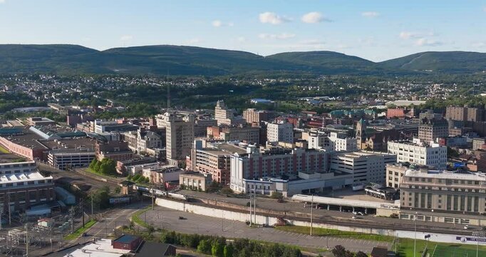 Late summer, early fall aerial, drone, video of the Scranton Pennsylvania skyline.  September 2024.