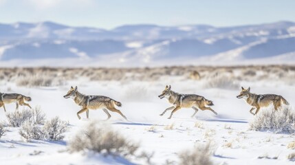 Obraz premium Coyotes Running in a Snowy Landscape