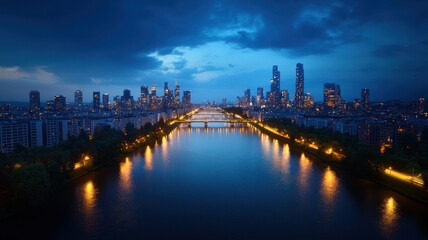 Fototapeta premium Stunning twilight cityscape showcasing skyscrapers, illuminated river, and vibrant reflections in a tranquil urban setting.
