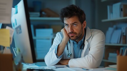 Stressed Doctor in White Coat Surrounded by Paperwork and Computer Screen 