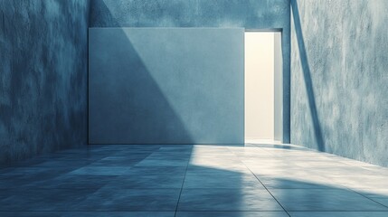 Obraz premium Minimalist Concrete Room with Open Doorway, Blue Walls, and Tiled Floor, Interior Design, Architectural Photography, Minimalism, Concrete