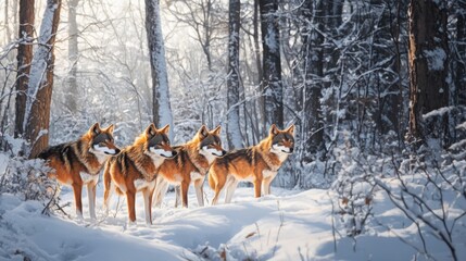 A Pack of Wolves in a Snowy Forest