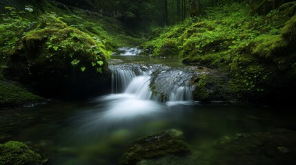 Fototapeta premium In a forest, discover a diminutive waterfall Rocks are adorned with lush moss, while water gently runs over them