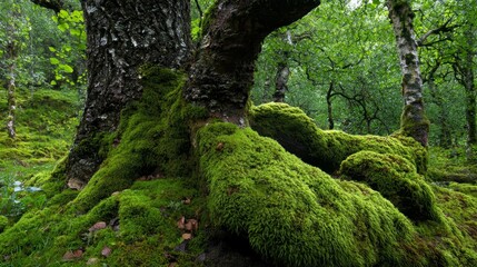  A tree in the forest, its bark and branches richly covered in green moss
