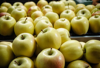 A colorful assortment of yellow apples is neatly arranged on a supermarket counter, inviting customers to explore and select fresh fruit. Generative AI
