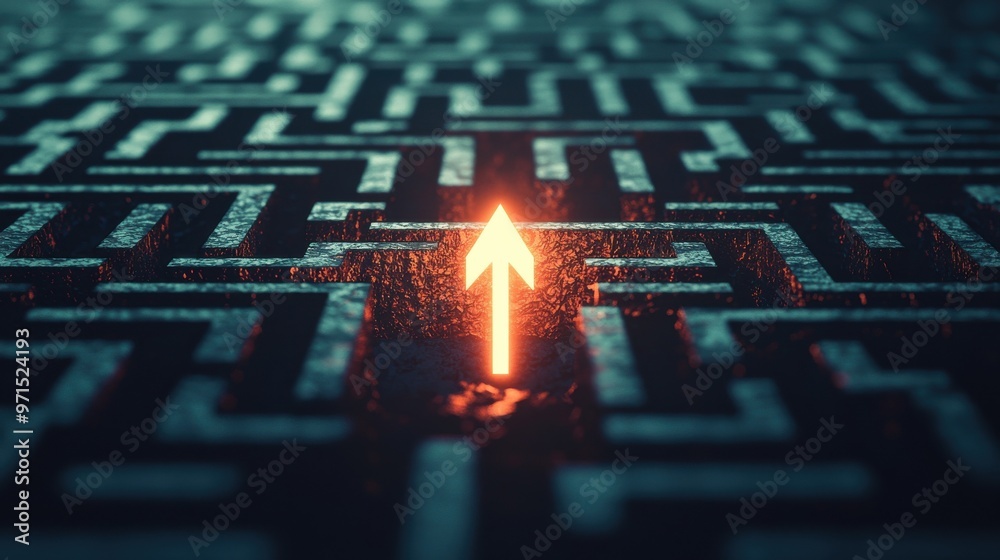 Poster a maze of interconnected pathways with a glowing arrow leading through it, navigating through risks 
