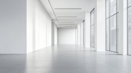 Fototapeta premium Minimalist White Hallway with Large Windows, White Walls, Grey Floor and a Modern Ceiling, Minimalist Interior, Architecture, Design
