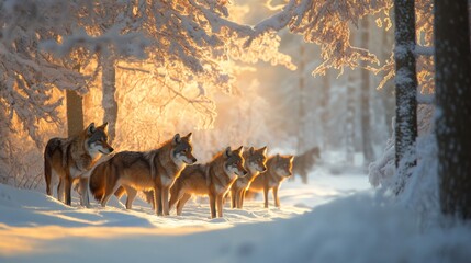 Wolf Pack in a Snowy Forest at Sunset