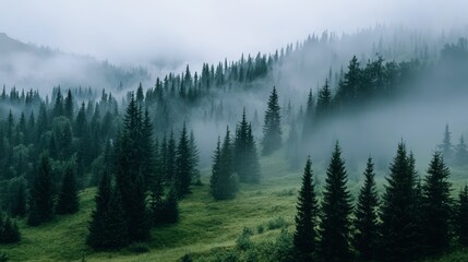Obraz premium A lush green hillside topped with a forest of trees, enshrouded in fog and low-lying clouds